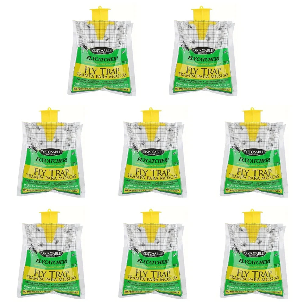 A set of five hanging disposable fly traps for outdoor insect catching, packaged in clear plastic bags.