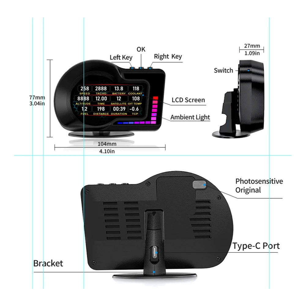 A black Smart Fortwo OBD2+GPS head-up display device shown with its components and bracket.
