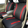 A black and red two-tone car seat cover set installed in a vehicle interior.