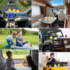 A collection of classic rubber duckies in various colors and sizes shown in a vehicle interior, outdoors, and on a Jeep.