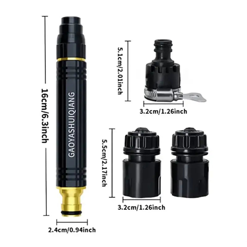 Adjustable high-pressure water spray nozzle with brass tip and black body for car washing and garden watering