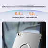 A hand holds a silver aluminum tablet holder designed for an iPad, emphasizing its thinness and seamless stand feature.