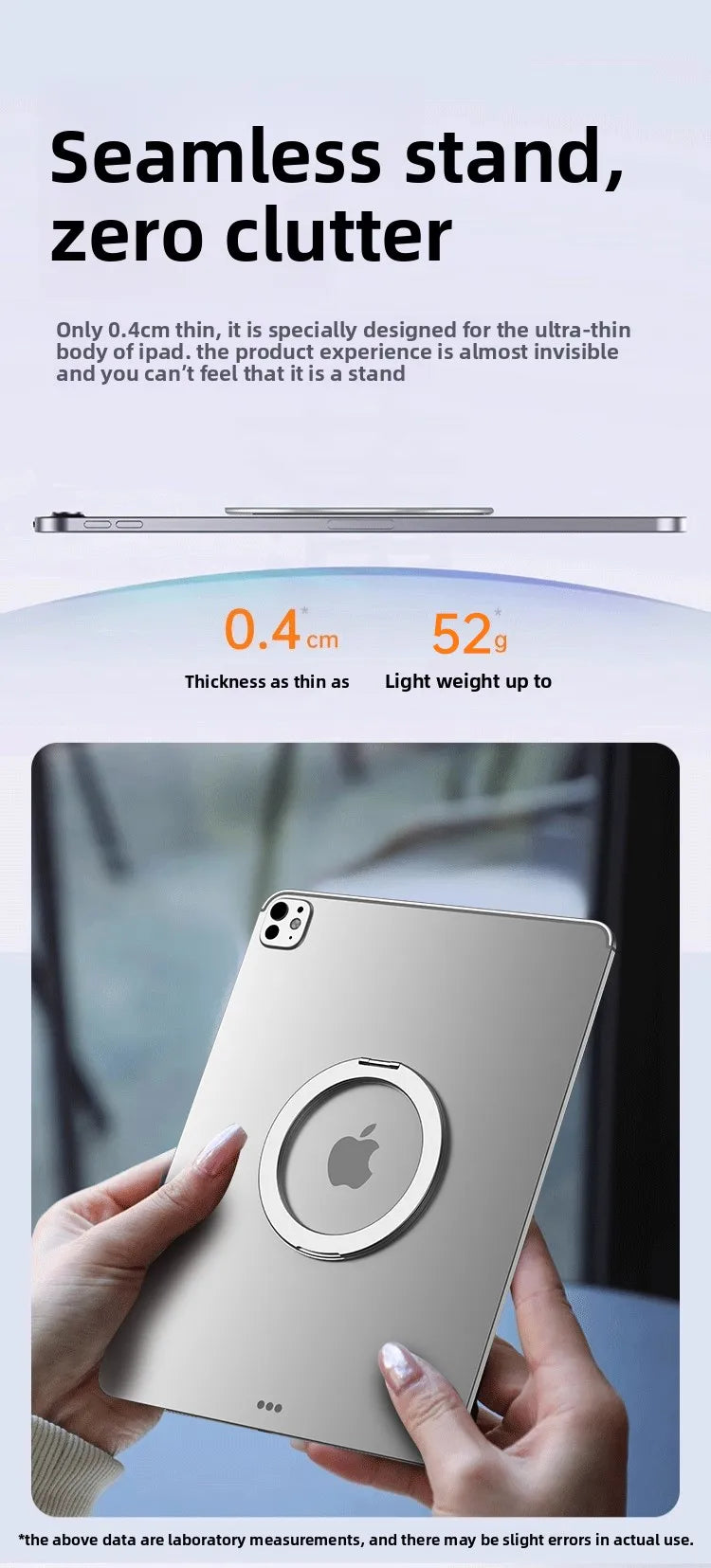 A hand holds a silver aluminum tablet holder designed for an iPad, emphasizing its thinness and seamless stand feature.