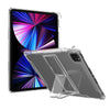 A clear protective case for an iPad displaying a vibrant purple and blue graphic design.