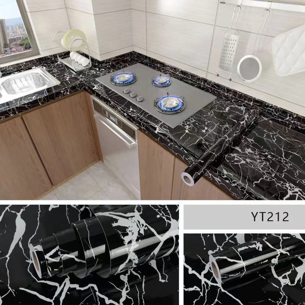 Black marble effect self-adhesive PVC film used on kitchen countertops and cabinets