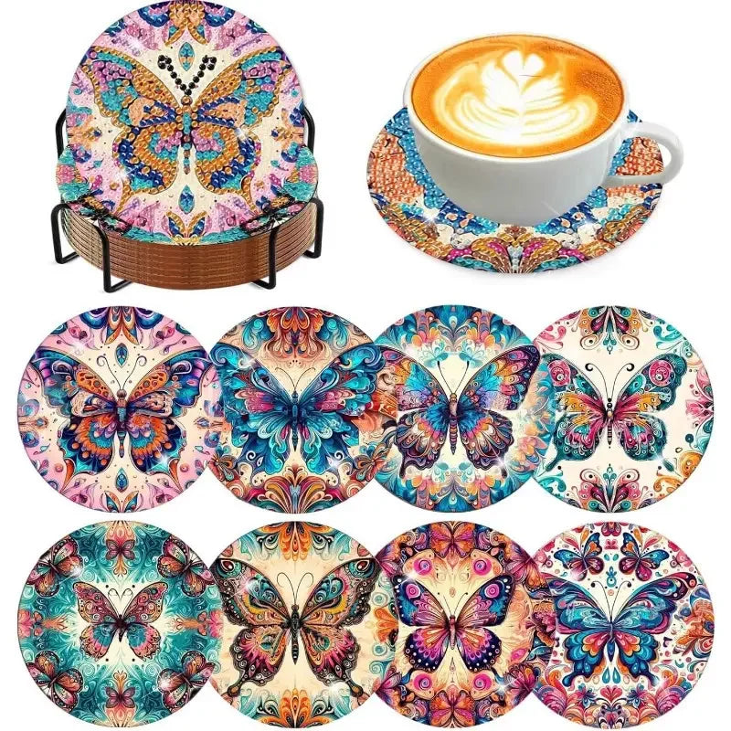A collection of eight ocean-themed diamond art coasters and a holder kit for DIY craft.