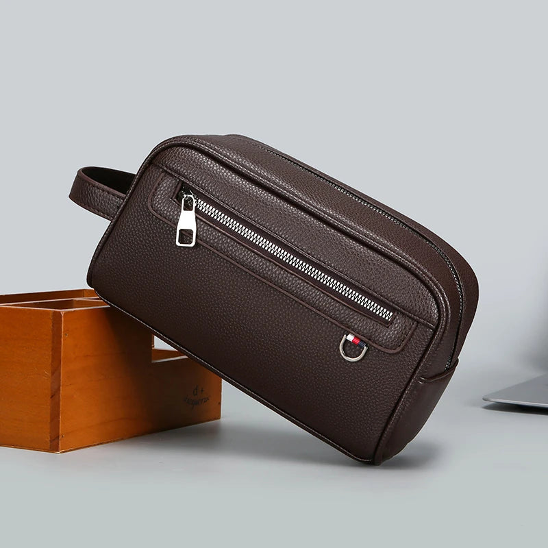 Men's Soft Leather Business Clutch Bag – Minimalist Travel Handbag with Zipper Closure