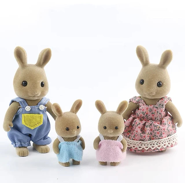 A set of five small, fuzzy animal miniature dolls with soft brown and pink fur, dressed in denim and floral outfits.