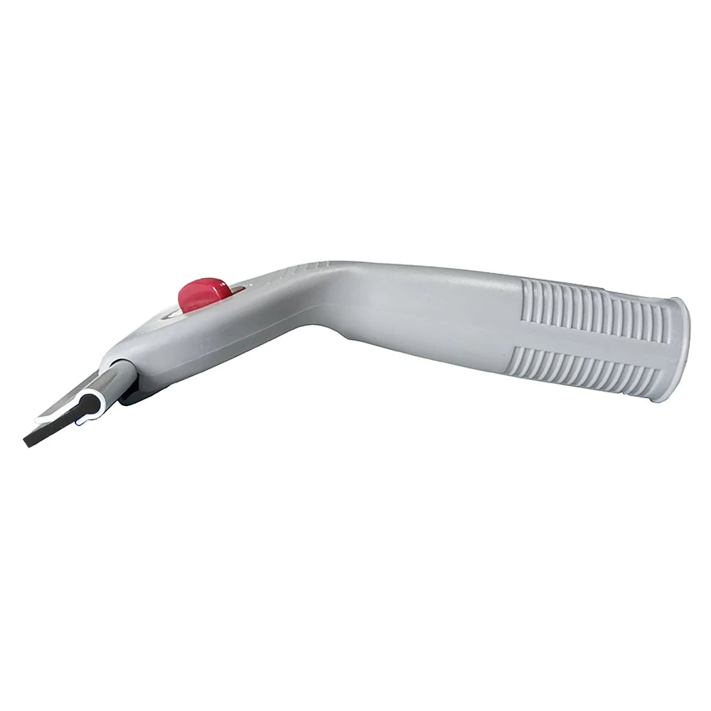 A gray multi-purpose glass cleaning squeegee with a red handle and silicone blade.