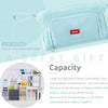 Light blue hand-held pencil case with elastic loop and multiple compartments for storing pens pencils and rulers