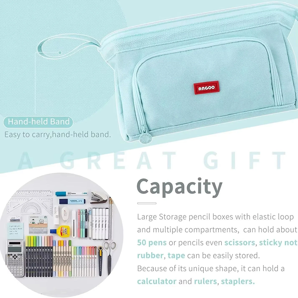 Light blue hand-held pencil case with elastic loop and multiple compartments for storing pens pencils and rulers