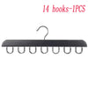 Black wooden hanging organizer with 14 hooks for storing belts, hats, and accessories