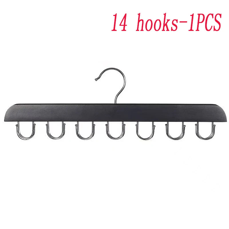 Black wooden hanging organizer with 14 hooks for storing belts, hats, and accessories