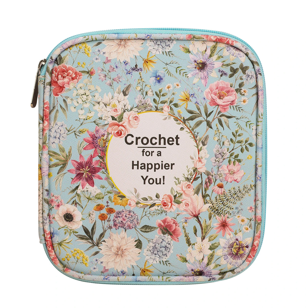 A light green crochet hook organizer bag featuring a floral pattern on the fabric.