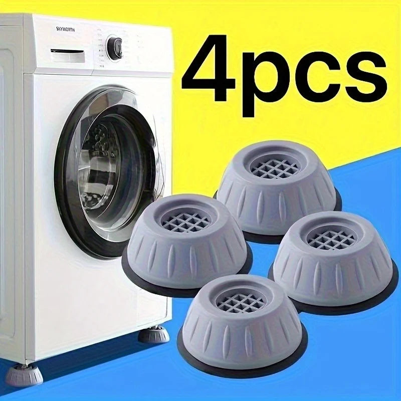 Four anti-vibration pads for washing machine and dryer feet shown next to a white appliance.