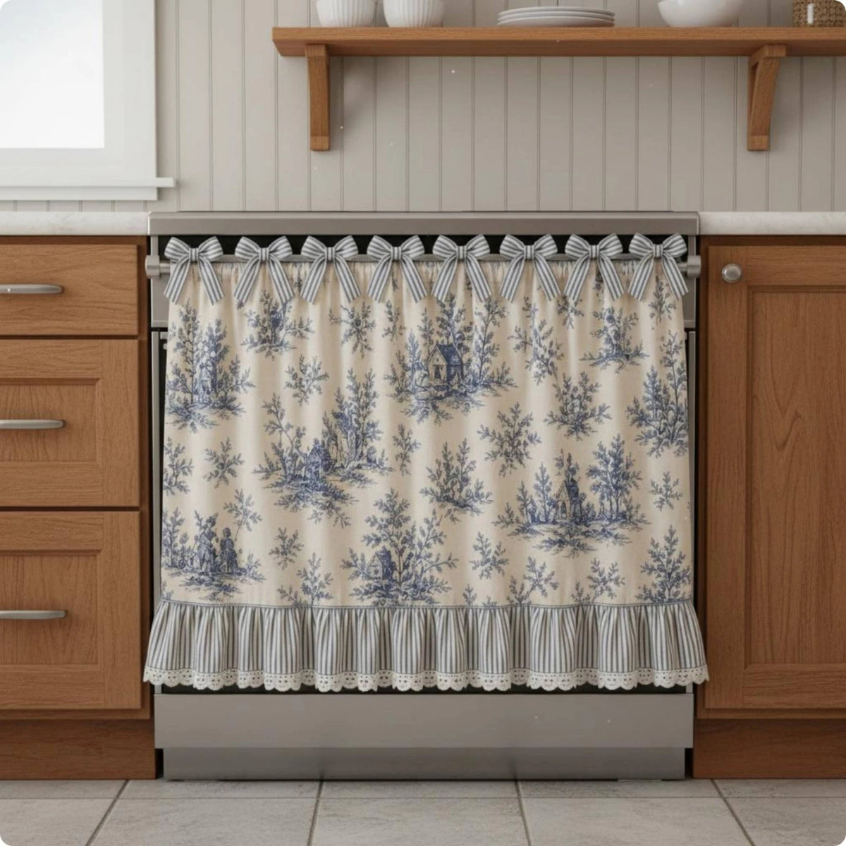 A stainless steel oven featuring a floral fabric skirt with a ruffled trim and light blue and white pattern.