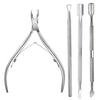 Professional stainless steel manicure kit with cuticle trimmer and pusher tools.