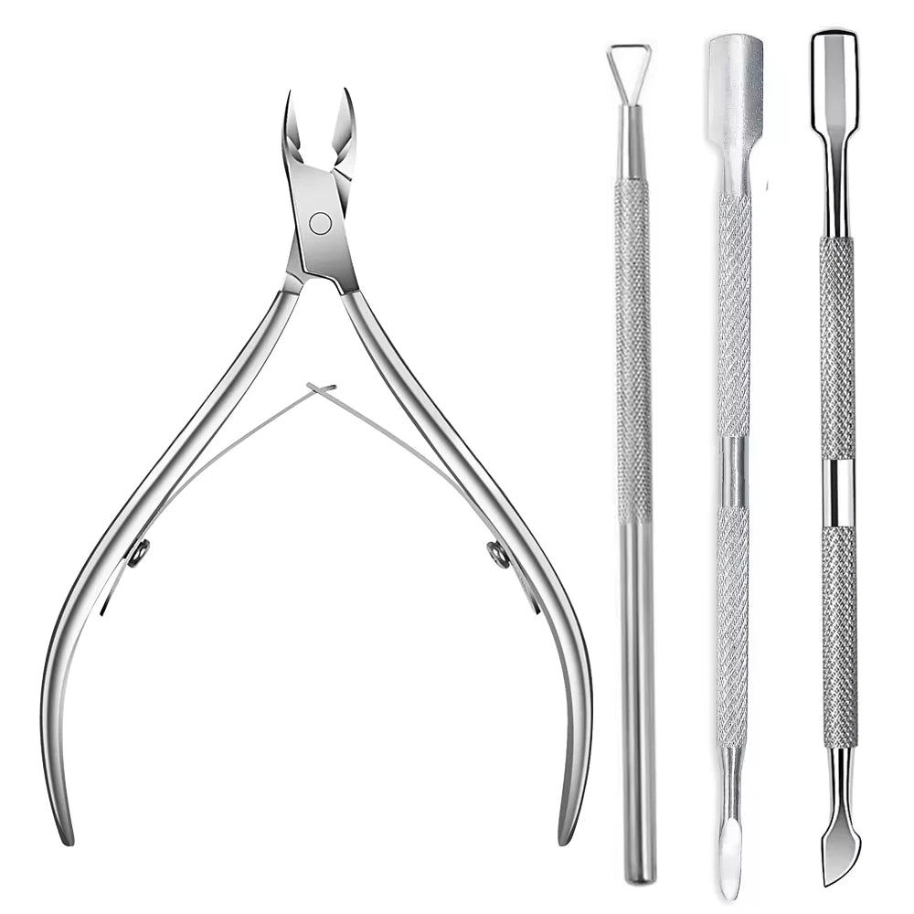 Professional stainless steel manicure kit with cuticle trimmer and pusher tools.