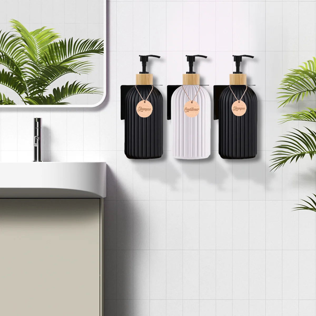 Refillable Matte Black Soap Dispenser with Wooden Tag