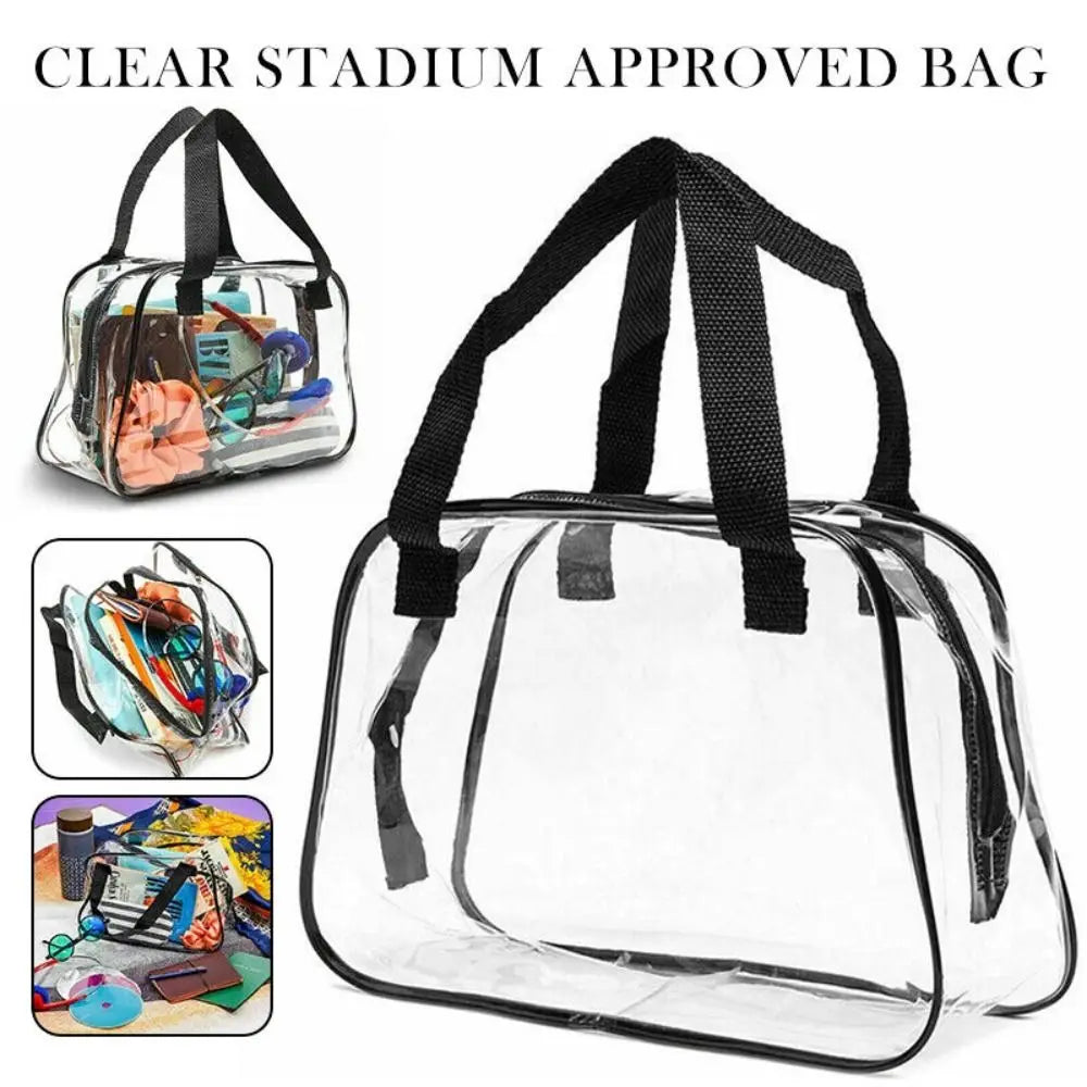 A clear stadium approved tote bag with black handles and various items inside.