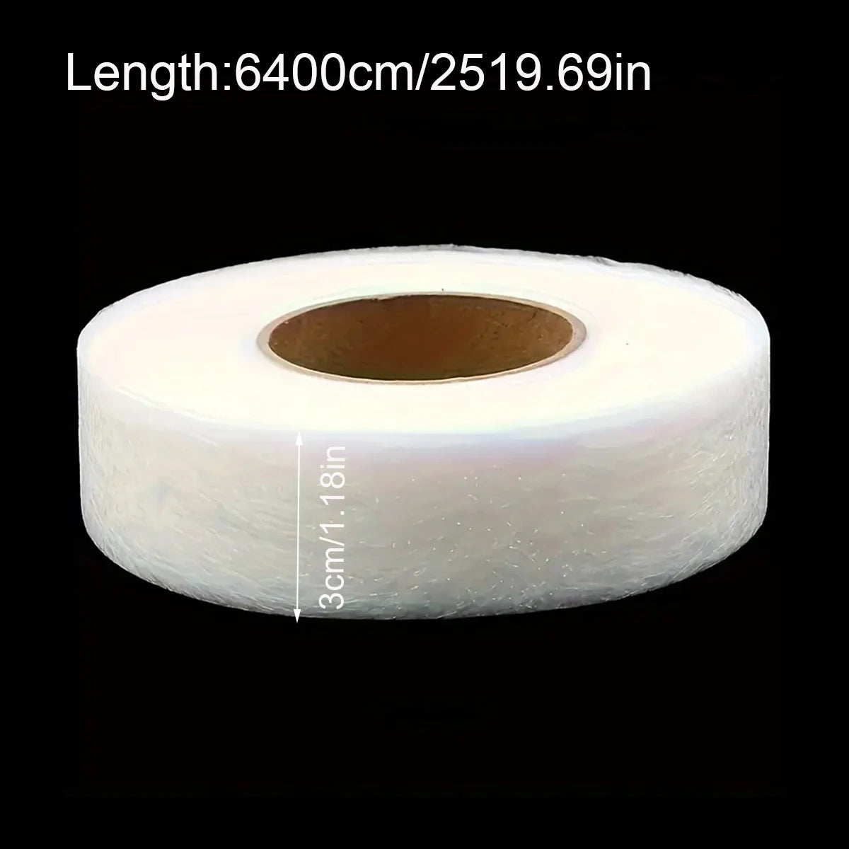 Roll of white no-sew iron-on hem tape for clothing repairs with dimensions listed.
