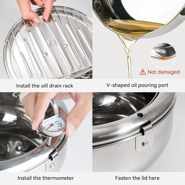 Instrucciones para instalar el soporte de drenaje de aceite, verter aceite, instalar un termómetro y fijar la tapa.