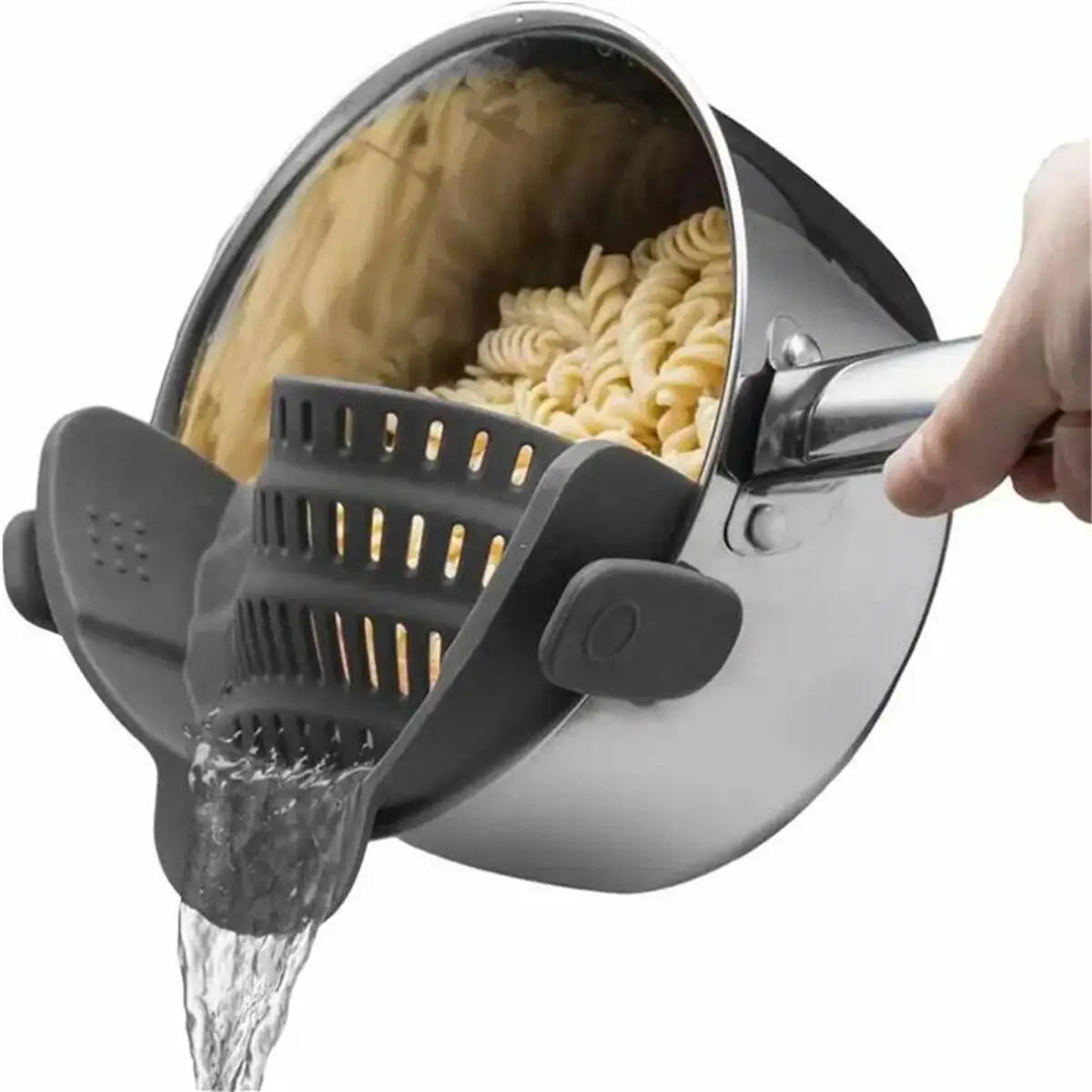 A hand is pouring water through an adjustable clip-on pot strainer, which is positioned over a strainer basket inside a pot.