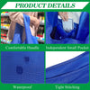 Blue foldable reusable grocery bag showing details like a comfortable handle, independent pocket, waterproof material, and ti