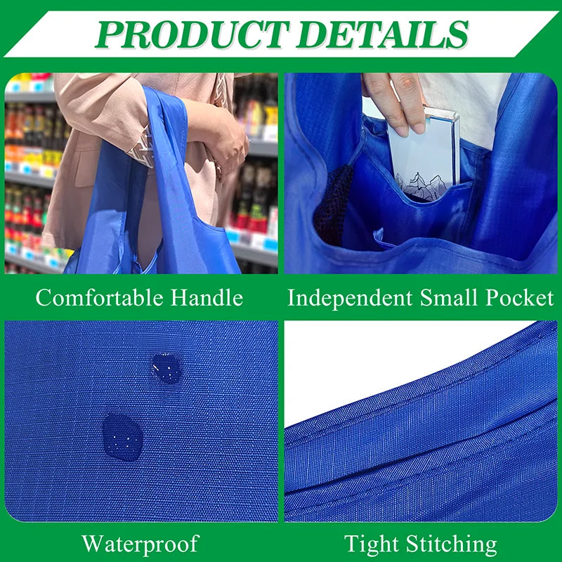 Blue foldable reusable grocery bag showing details like a comfortable handle, independent pocket, waterproof material, and ti