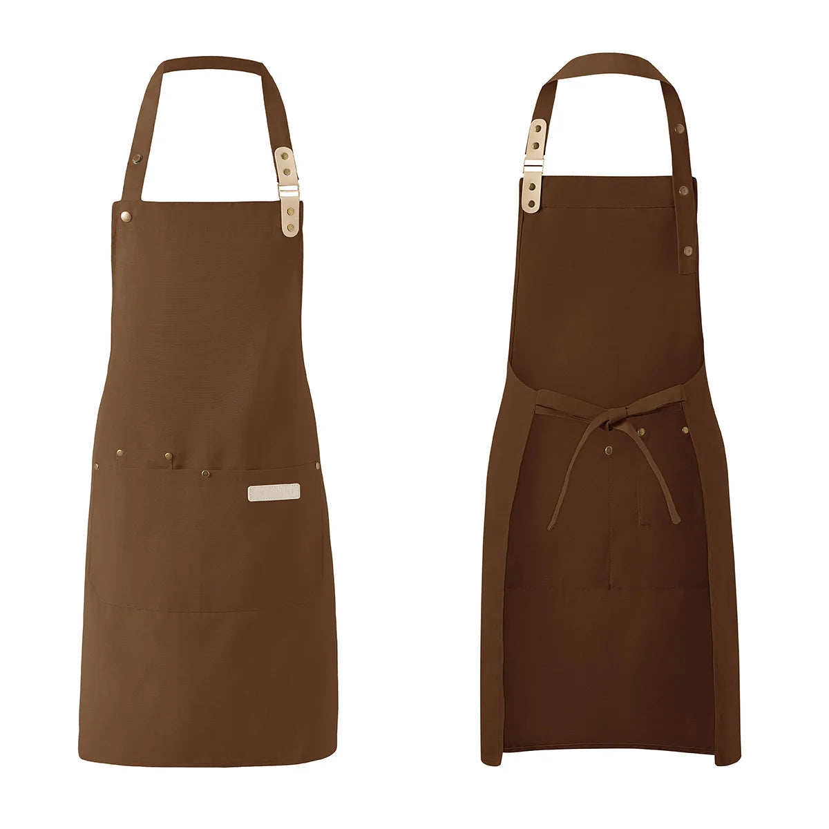 A brown waterproof canvas chef apron with long straps and a tie closure.