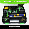 A black storage box with removable green and yellow dividers is shown, designed to customize storage space.