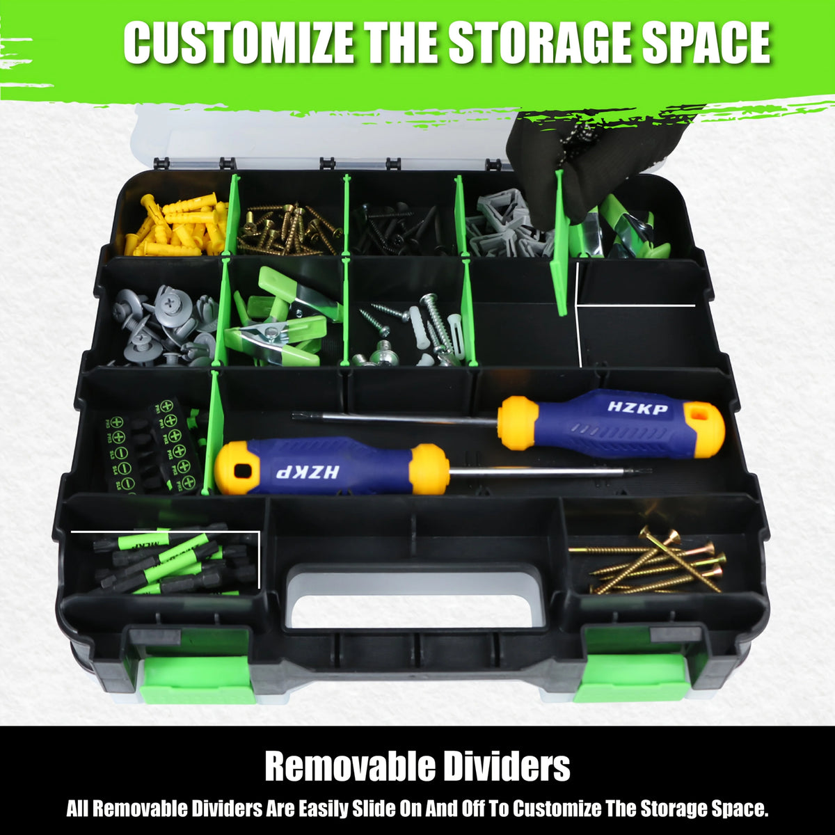 A black storage box with removable green and yellow dividers is shown, designed to customize storage space.