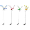 Four colorful dragonfly clips showing blue, red, green, and yellow wings on thin wires.