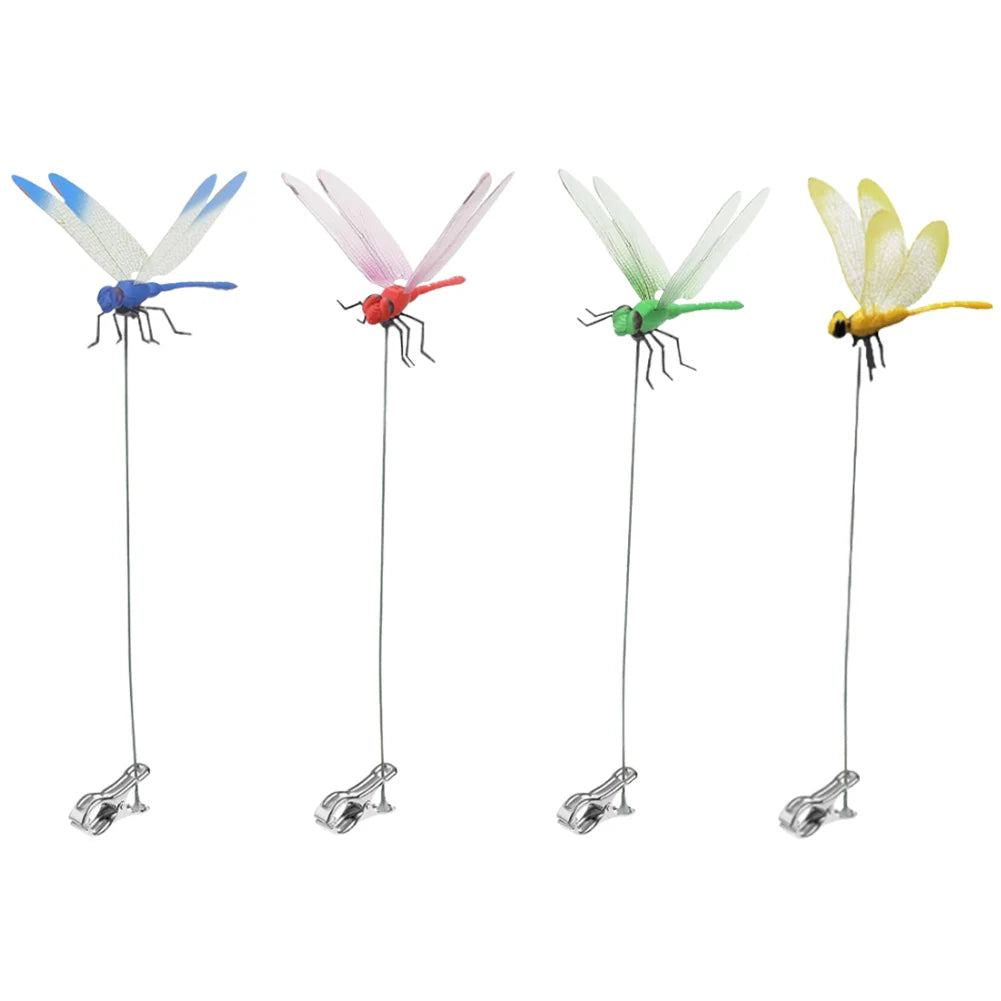 Four colorful dragonfly clips showing blue, red, green, and yellow wings on thin wires.
