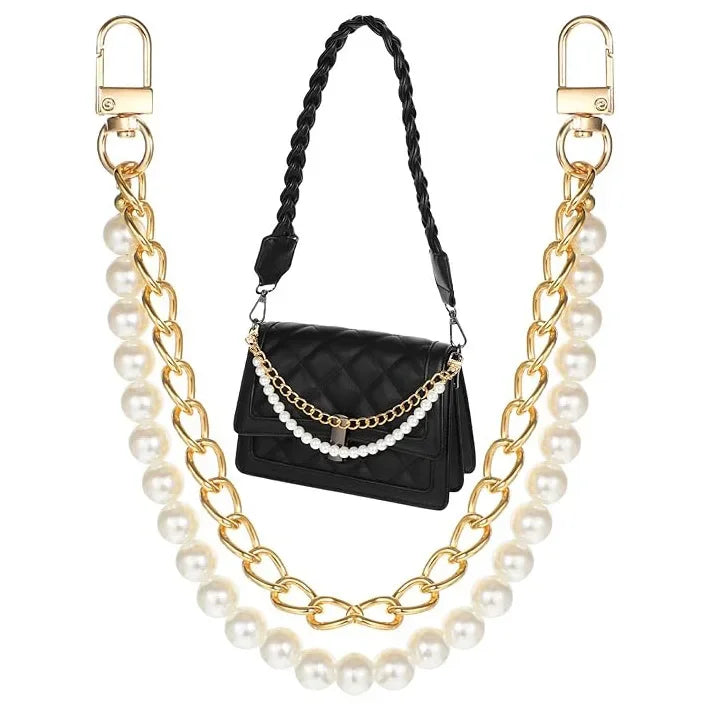 Elegant pearl and gold purse chain featuring a black quilted leather pouch.