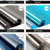 A selection of frosted privacy window film rolls in various colors including silvery, black, dark grey, sky blue, dark blue, 