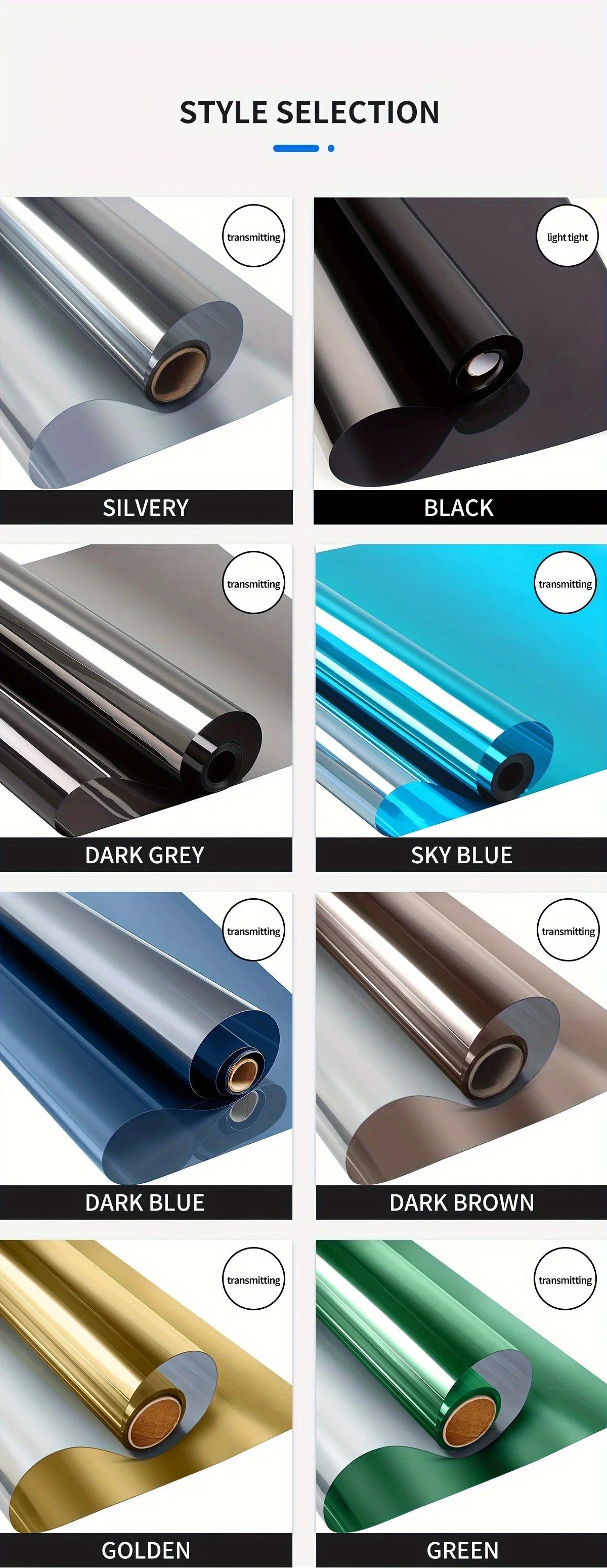 A selection of frosted privacy window film rolls in various colors including silvery, black, dark grey, sky blue, dark blue, 