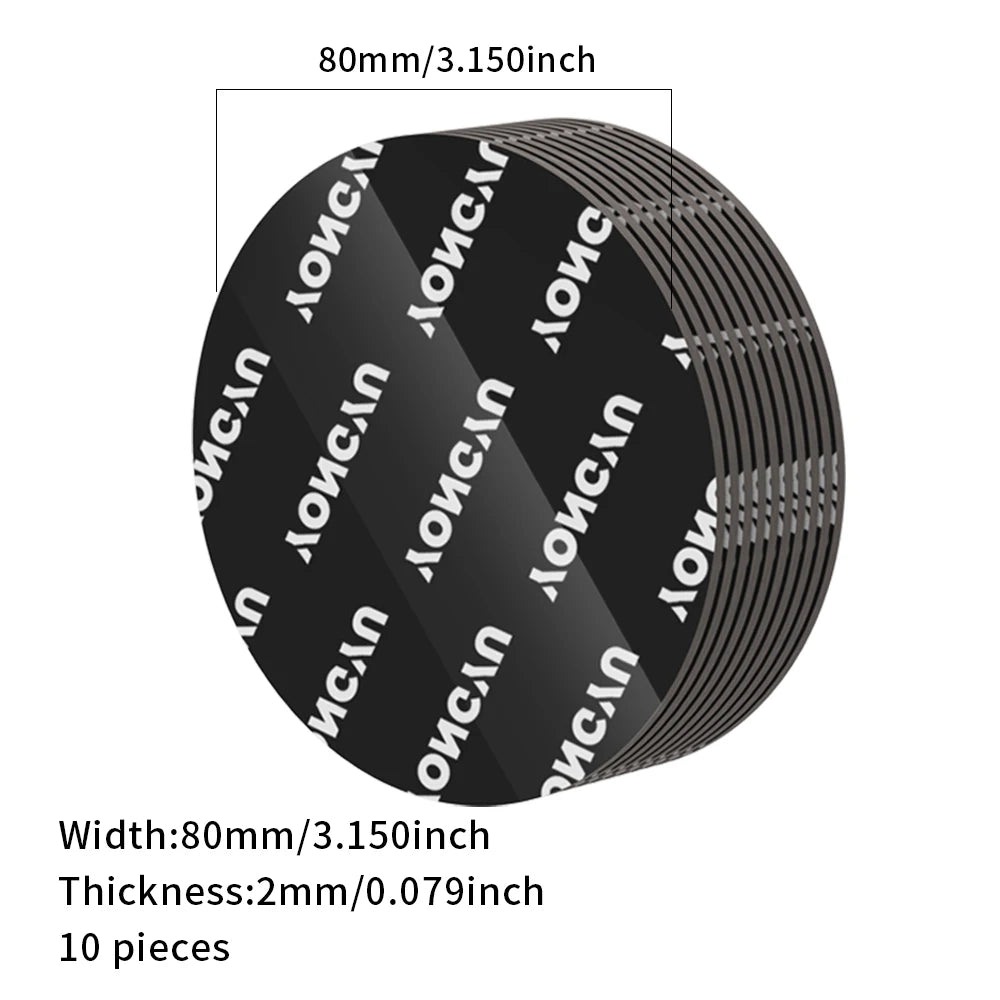 A circular black adhesive pad with a ribbed edge, measuring 80mm in width and 2mm in thickness.