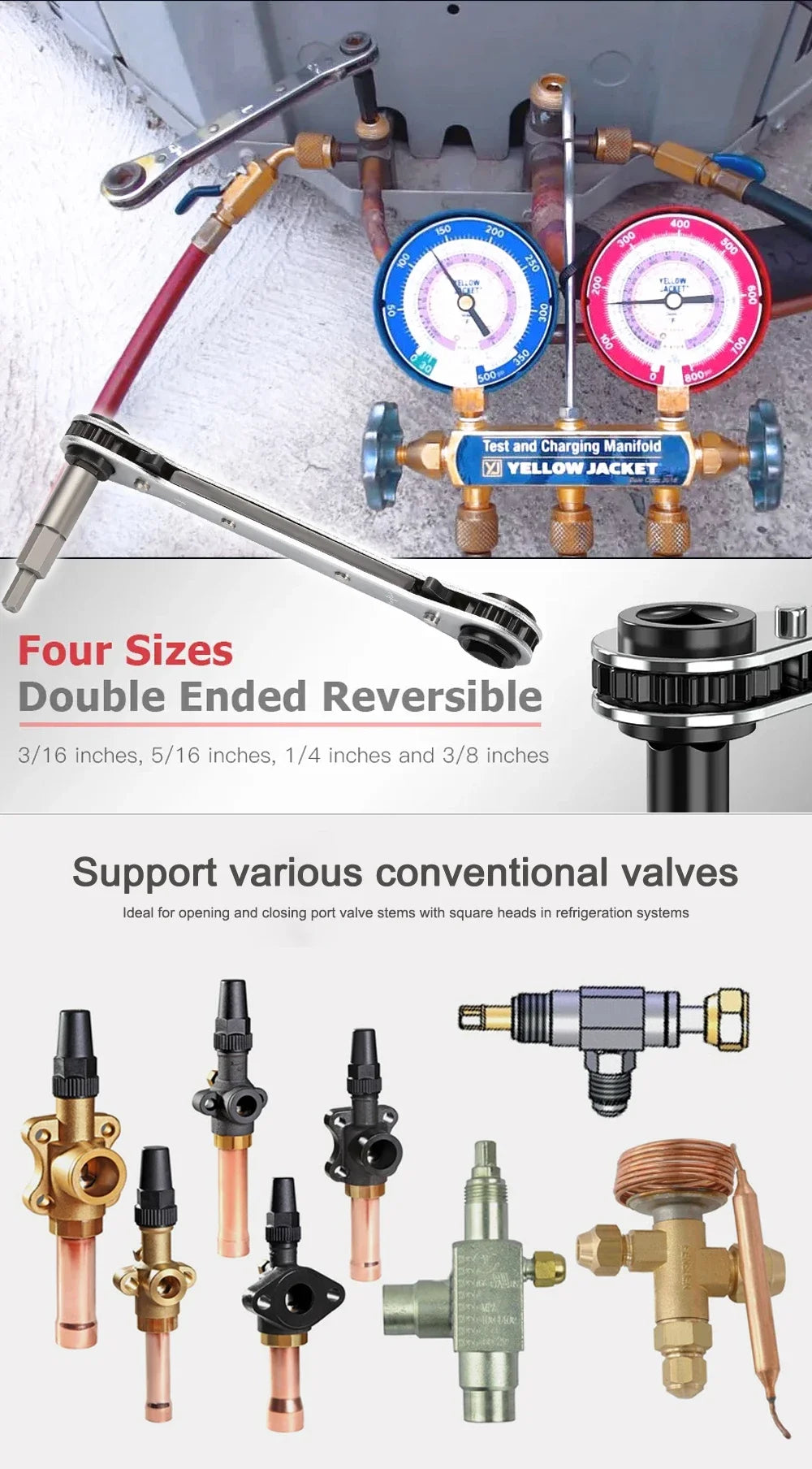 Double-Ended Ratchet Wrench for Refrigeration Valves – 4 Size Options