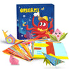 A box of origami craft kit featuring a red octopus and various colorful paper shapes.