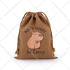 A brown drawstring storage bag featuring a cute capybara illustration on the front.