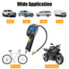 A digital tire pressure gauge with an inflation gun and LCD display shown alongside various vehicles including a SUV, car, va