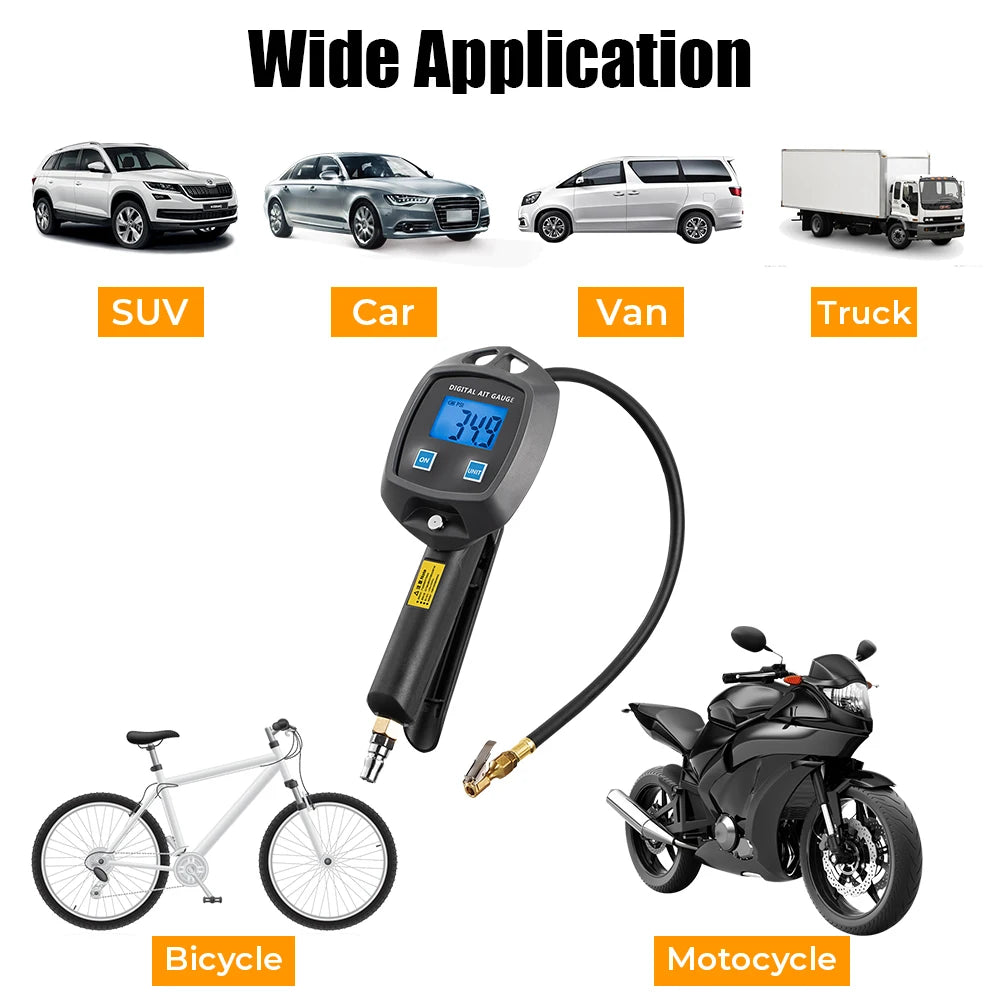 A digital tire pressure gauge with an inflation gun and LCD display shown alongside various vehicles including a SUV, car, va