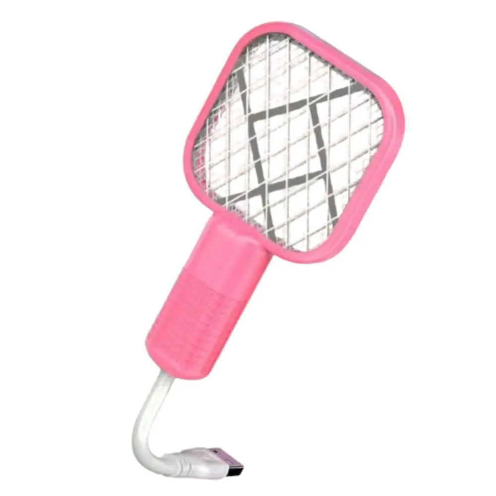 A pink USB rechargeable mosquito swatter with a mesh head and a white cord.