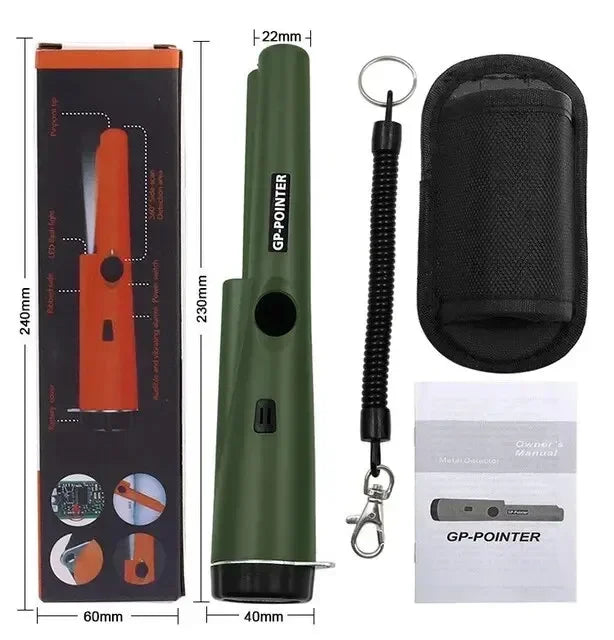 A handheld GP-Pointer metal detector with an orange body, green grip, and black protective cover.