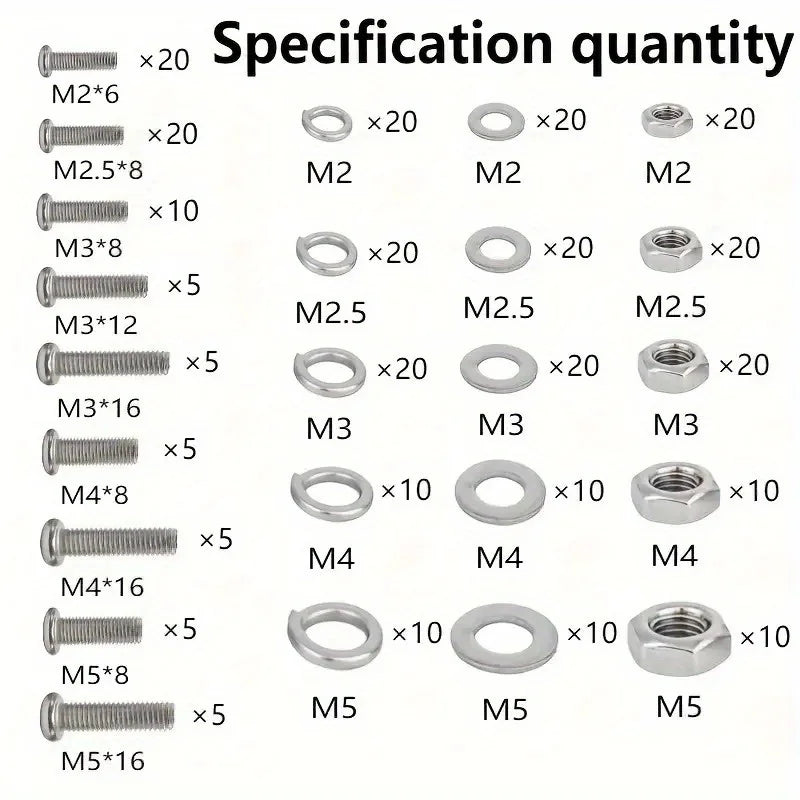 Sammlung metrischer Sechskantmuttern und Schrauben in verschiedenen Größen (M2 bis M5)