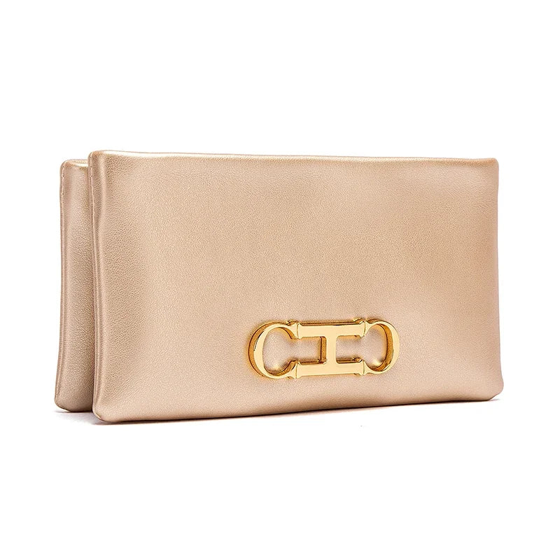 A beige leather compact zipper wallet or clutch with gold hardware.