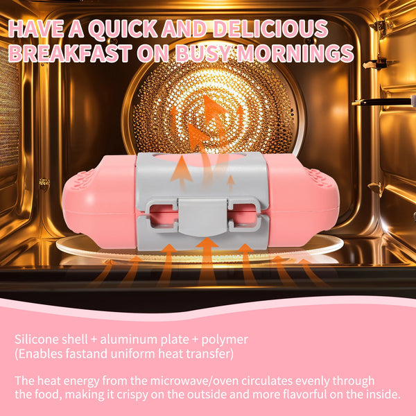 Una cafetera de sándwiches rosa y gris se muestra en un horno microondas dorado, demostrando transferencia de calor uniforme 