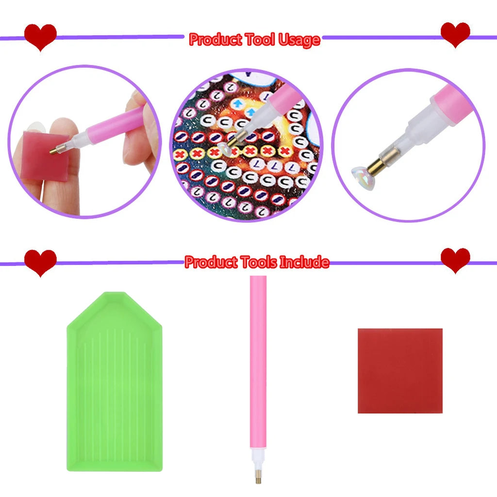 A set of DIY diamond art coasters with wooden bases and pink tools including a tool and red coaster.