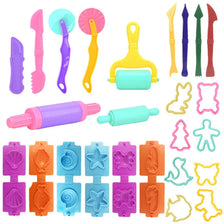 A set of animal-shaped playdough tools and rollers in various colors including pink, purple, yellow, green, and orange.